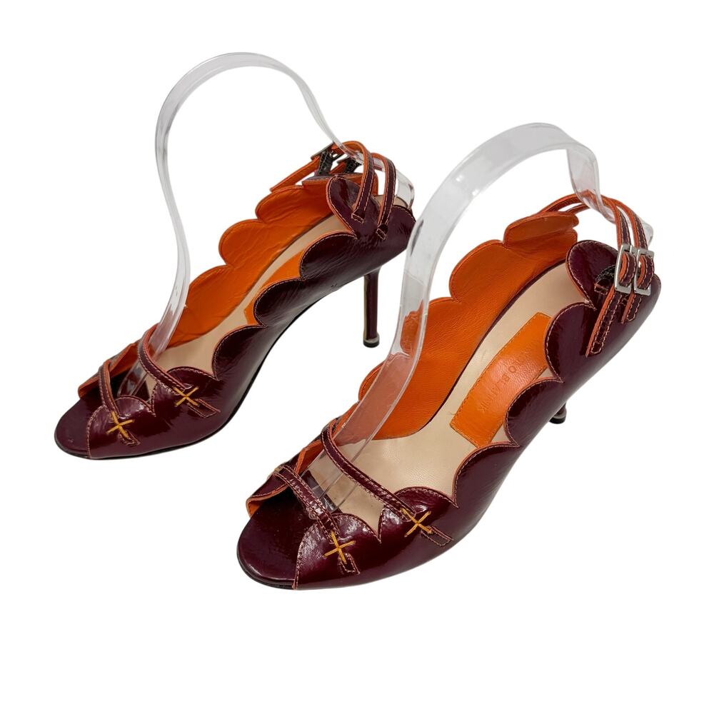 Manolo Blahnik Vintage Y2K Scalloped Patent Pump Burgundy Orange 38.5 - Picture 3 of 6
